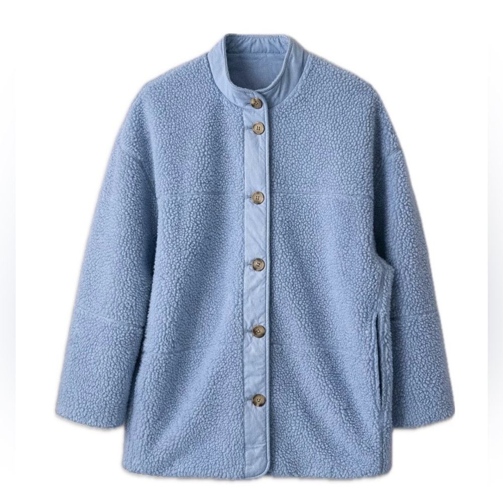 H&M women’s blue Sherpa button down Oversized teddy Jacket
